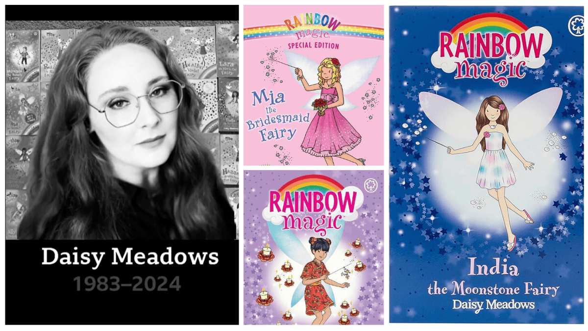 an image collage of alleged Daisy Meadows with pictures of rainbow magic