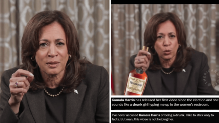 an image of Kamala Harris with edited image of her trying to imply she's indeed drunk